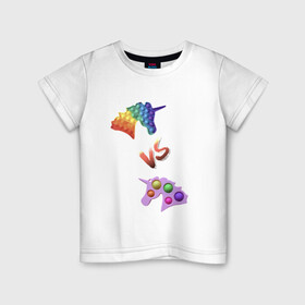 Детская футболка хлопок с принтом Pop-it vs Simple-dimple в Санкт-Петербурге, 100% хлопок | круглый вырез горловины, полуприлегающий силуэт, длина до линии бедер | unicorns | единороги | поп ит | пупырка | симпл димпл