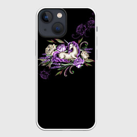 Чехол для iPhone 13 mini с принтом Единорог среди роз в Санкт-Петербурге,  |  | rose | roses | unicorn | единорог | единороги | роза | розы | сказка | сказочный | сон | спящий | темный | фентези | фентэзи | цветочный | цветы | черный фон