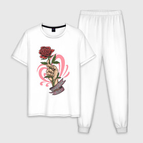 Мужская пижама хлопок с принтом Bring Your Love в Санкт-Петербурге, 100% хлопок | брюки и футболка прямого кроя, без карманов, на брюках мягкая резинка на поясе и по низу штанин
 | love | иллюстрация | роза | рука | сердце