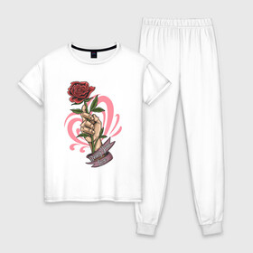 Женская пижама хлопок с принтом Bring Your Love в Санкт-Петербурге, 100% хлопок | брюки и футболка прямого кроя, без карманов, на брюках мягкая резинка на поясе и по низу штанин | love | иллюстрация | роза | рука | сердце