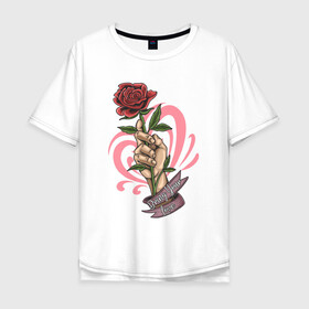Мужская футболка хлопок Oversize с принтом Bring Your Love в Санкт-Петербурге, 100% хлопок | свободный крой, круглый ворот, “спинка” длиннее передней части | love | иллюстрация | роза | рука | сердце