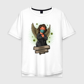 Мужская футболка хлопок Oversize с принтом Мой ангелок в Санкт-Петербурге, 100% хлопок | свободный крой, круглый ворот, “спинка” длиннее передней части | ангел | иллюстрация | маска | спаси сохрани | спаситель