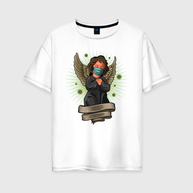 Женская футболка хлопок Oversize с принтом Мой ангелок в Санкт-Петербурге, 100% хлопок | свободный крой, круглый ворот, спущенный рукав, длина до линии бедер
 | ангел | иллюстрация | маска | спаси сохрани | спаситель