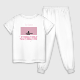 Детская пижама хлопок с принтом EUPHORIA | BTS | PINK Edition  в Санкт-Петербурге, 100% хлопок |  брюки и футболка прямого кроя, без карманов, на брюках мягкая резинка на поясе и по низу штанин
 | Тематика изображения на принте: bighit | bts | butter | k pop | love yourself | music | битиэс | бойсбенд | бтс | кейпоп | корея | чимин | эйфория