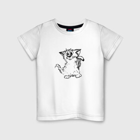 Детская футболка хлопок с принтом Котенок с вилкой и сосиской в Санкт-Петербурге, 100% хлопок | круглый вырез горловины, полуприлегающий силуэт, длина до линии бедер | графика | киска | кот | котенок | котик | кошка | смешной кот | улыбающийся кот | черно белое