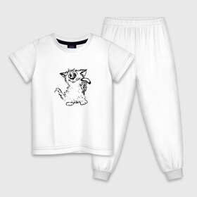 Детская пижама хлопок с принтом Котенок с вилкой и сосиской в Санкт-Петербурге, 100% хлопок |  брюки и футболка прямого кроя, без карманов, на брюках мягкая резинка на поясе и по низу штанин
 | Тематика изображения на принте: графика | киска | кот | котенок | котик | кошка | смешной кот | улыбающийся кот | черно белое