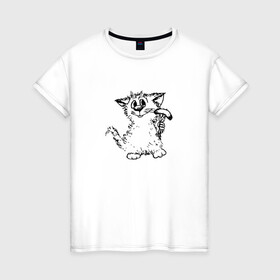 Женская футболка хлопок с принтом Котенок с вилкой и сосиской в Санкт-Петербурге, 100% хлопок | прямой крой, круглый вырез горловины, длина до линии бедер, слегка спущенное плечо | графика | киска | кот | котенок | котик | кошка | смешной кот | улыбающийся кот | черно белое