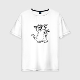 Женская футболка хлопок Oversize с принтом Котенок с вилкой и сосиской в Санкт-Петербурге, 100% хлопок | свободный крой, круглый ворот, спущенный рукав, длина до линии бедер
 | Тематика изображения на принте: графика | киска | кот | котенок | котик | кошка | смешной кот | улыбающийся кот | черно белое