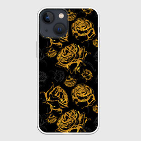 Чехол для iPhone 13 mini с принтом Розы. Золото с черным в Санкт-Петербурге,  |  | вечерний | графика | графический | золотистый | золото | золотой | крупные | праздничный | розочки | розы | темный | цветочки | цветочный | цветы | черный