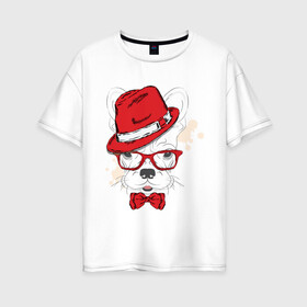 Женская футболка хлопок Oversize с принтом Французский модник в Санкт-Петербурге, 100% хлопок | свободный крой, круглый ворот, спущенный рукав, длина до линии бедер
 | бант | бульдог | голова | голова собаки | очки | пес | собака | французский модник | шляпа