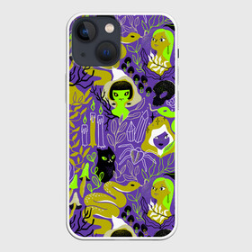 Чехол для iPhone 13 mini с принтом Шабаш в Санкт-Петербурге,  |  | halloween | kostolom3000 | ведьма | ведьмы | грибы | змея | кот | магия | природа | фиолетовый | хэллоуин | черный кот | шабаш