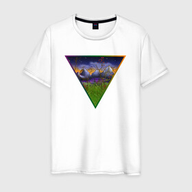 Мужская футболка хлопок с принтом невероятный пейзаж в Санкт-Петербурге, 100% хлопок | прямой крой, круглый вырез горловины, длина до линии бедер, слегка спущенное плечо. | болото | горы | пейзаж | природа | радуга | рисунок | сумерки | треугольник | ярко