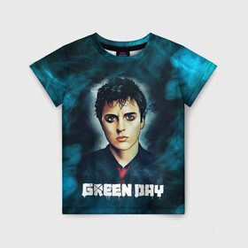 Детская футболка 3D с принтом Billie | GreenDay | ГринДай (Z) в Санкт-Петербурге, 100% гипоаллергенный полиэфир | прямой крой, круглый вырез горловины, длина до линии бедер, чуть спущенное плечо, ткань немного тянется | Тематика изображения на принте: billie joe armstrong | greenday | rock | альтернативный | билли джо армстронг | гриндей | зеленый день | майк дёрнт | музыка | панк рок | поп панк | рок | тре кул