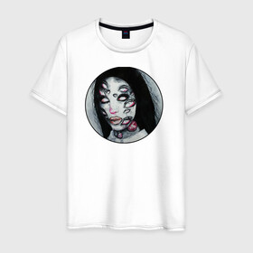 Мужская футболка хлопок с принтом Жуткая девушка  в Санкт-Петербурге, 100% хлопок | прямой крой, круглый вырез горловины, длина до линии бедер, слегка спущенное плечо. | Тематика изображения на принте: zomby | глаза | девушка | зомби | тёмные цвета | ужасы