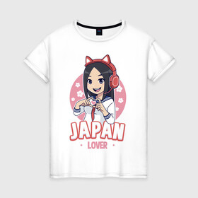 Женская футболка хлопок с принтом Japan lover anime girl в Санкт-Петербурге, 100% хлопок | прямой крой, круглый вырез горловины, длина до линии бедер, слегка спущенное плечо | Тематика изображения на принте: anime | girl | japan | kawaii | lover | аниме | девушка | кавай | сакура | япония