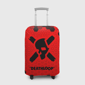Чехол для чемодана 3D с принтом Deathloop - Череп - Соты в Санкт-Петербурге, 86% полиэфир, 14% спандекс | двустороннее нанесение принта, прорези для ручек и колес | death | deathloop | game | games | loop | дэслуп | дэт | дэтлуп | знак | игра | игры | лого | луп | мертвая | пелтя | символ | соты | череп