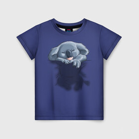 Детская футболка 3D с принтом Спящая коала в Санкт-Петербурге, 100% гипоаллергенный полиэфир | прямой крой, круглый вырез горловины, длина до линии бедер, чуть спущенное плечо, ткань немного тянется | Тематика изображения на принте: koala | арт | детеныш | детёныш коалы | животное | зверь | карман на груди | коала | малыш | медведь | медвежонок | милота | милые животные | милые звери | милые зверьки | мимими | мишка | ребенок