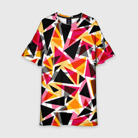 Детское платье 3D с принтом Разноцветные треугольники в Санкт-Петербурге, 100% полиэстер | прямой силуэт, чуть расширенный к низу. Круглая горловина, на рукавах — воланы | Тематика изображения на принте: абстрактный | геометрические фигуры | геометрический узор | желтый | красный | полигональный | разноцветный | треугольники | черный
