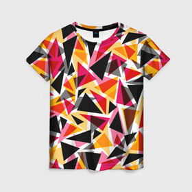 Женская футболка 3D с принтом Разноцветные треугольники в Санкт-Петербурге, 100% полиэфир ( синтетическое хлопкоподобное полотно) | прямой крой, круглый вырез горловины, длина до линии бедер | абстрактный | геометрические фигуры | геометрический узор | желтый | красный | полигональный | разноцветный | треугольники | черный