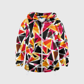 Детская ветровка 3D с принтом Разноцветные треугольники в Санкт-Петербурге, 100% полиэстер | подол и капюшон оформлены резинкой с фиксаторами, по бокам два кармана без застежек, один потайной карман на груди | абстрактный | геометрические фигуры | геометрический узор | желтый | красный | полигональный | разноцветный | треугольники | черный