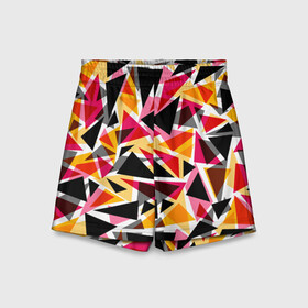Детские спортивные шорты 3D с принтом Разноцветные треугольники в Санкт-Петербурге,  100% полиэстер
 | пояс оформлен широкой мягкой резинкой, ткань тянется
 | абстрактный | геометрические фигуры | геометрический узор | желтый | красный | полигональный | разноцветный | треугольники | черный
