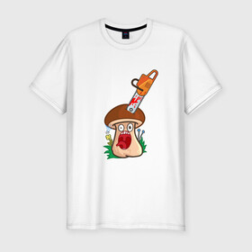 Мужская футболка хлопок Slim с принтом Испуганный в Санкт-Петербурге, 92% хлопок, 8% лайкра | приталенный силуэт, круглый вырез ворота, длина до линии бедра, короткий рукав | horror | mushroom | бензопила | гриб | мультяшка | смайл | ужас | хоррор