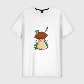 Мужская футболка хлопок Slim с принтом Недовольный в Санкт-Петербурге, 92% хлопок, 8% лайкра | приталенный силуэт, круглый вырез ворота, длина до линии бедра, короткий рукав | evil | mushroom | гриб | злой | мультяшка | недовольный | сердитый | смайл