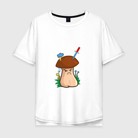 Мужская футболка хлопок Oversize с принтом Недовольный в Санкт-Петербурге, 100% хлопок | свободный крой, круглый ворот, “спинка” длиннее передней части | evil | mushroom | гриб | злой | мультяшка | недовольный | сердитый | смайл