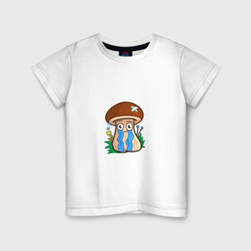 Детская футболка хлопок с принтом Плачь в Санкт-Петербурге, 100% хлопок | круглый вырез горловины, полуприлегающий силуэт, длина до линии бедер | mushroom | гриб | мультяшка | обида | плачь | расстроенный | реветь | слезы | смайл