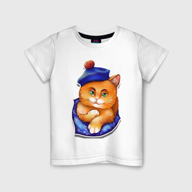Детская футболка хлопок с принтом Рыжик в Санкт-Петербурге, 100% хлопок | круглый вырез горловины, полуприлегающий силуэт, длина до линии бедер | берет | глаза | животные | звери | зеленый | котик. рыжий котик | котики | оранжевый | синий