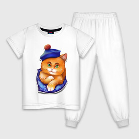Детская пижама хлопок с принтом Рыжик в Санкт-Петербурге, 100% хлопок |  брюки и футболка прямого кроя, без карманов, на брюках мягкая резинка на поясе и по низу штанин
 | берет | глаза | животные | звери | зеленый | котик. рыжий котик | котики | оранжевый | синий