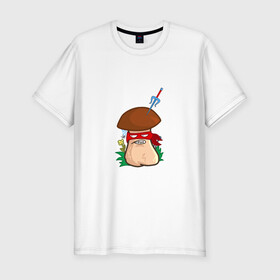 Мужская футболка хлопок Slim с принтом Рафаэль в Санкт-Петербурге, 92% хлопок, 8% лайкра | приталенный силуэт, круглый вырез ворота, длина до линии бедра, короткий рукав | mushroom | гриб | мультяшка | ниндзя | повязка | рафаэль | сай | смайл