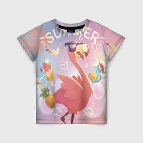 Детская футболка 3D с принтом Летний фламинго в Санкт-Петербурге, 100% гипоаллергенный полиэфир | прямой крой, круглый вырез горловины, длина до линии бедер, чуть спущенное плечо, ткань немного тянется | bird | summer | лето | птицы | розовый | фламинго