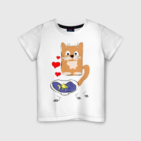 Детская футболка хлопок с принтом Рыжий кот в Санкт-Петербурге, 100% хлопок | круглый вырез горловины, полуприлегающий силуэт, длина до линии бедер | животные | кот | мышка | рыбка | сердца