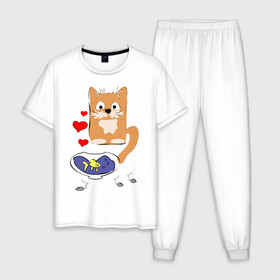Мужская пижама хлопок с принтом Рыжий кот в Санкт-Петербурге, 100% хлопок | брюки и футболка прямого кроя, без карманов, на брюках мягкая резинка на поясе и по низу штанин
 | Тематика изображения на принте: животные | кот | мышка | рыбка | сердца