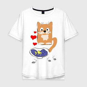 Мужская футболка хлопок Oversize с принтом Рыжий кот в Санкт-Петербурге, 100% хлопок | свободный крой, круглый ворот, “спинка” длиннее передней части | животные | кот | мышка | рыбка | сердца