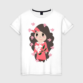 Женская футболка хлопок с принтом Цветение сакуры в Санкт-Петербурге, 100% хлопок | прямой крой, круглый вырез горловины, длина до линии бедер, слегка спущенное плечо | бант | девочка | кавайи | люди | цветы