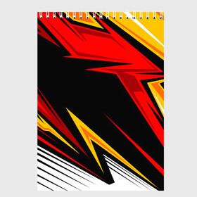 Скетчбук с принтом КРАСНО-ЖЕЛТЫЙ СПОРТ | SPORT в Санкт-Петербурге, 100% бумага
 | 48 листов, плотность листов — 100 г/м2, плотность картонной обложки — 250 г/м2. Листы скреплены сверху удобной пружинной спиралью | 3d | abstraction | geometry | hexagon | neon | paints | red | stripes | texture | yellow | абстракция | брызги | геометрия | желтый | краски | красный | неон | неоновый | разлом | соты | текстура
