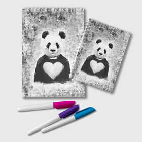 Блокнот с принтом Панда Любовь Сердце Меланж  в Санкт-Петербурге, 100% бумага | 48 листов, плотность листов — 60 г/м2, плотность картонной обложки — 250 г/м2. Листы скреплены удобной пружинной спиралью. Цвет линий — светло-серый
 | Тематика изображения на принте: animals | beast | panda | глаза | животные | звери | краски | любовь | меланж | милые | панда | пятна | растения | сердце | серый | цветы | чб | эвкалипт