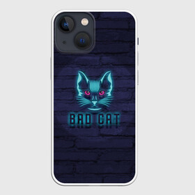 Чехол для iPhone 13 mini с принтом Bad cat в Санкт-Петербурге,  |  | neon | neon cat | кирпич | неон | неоновый кот | стена | тренд