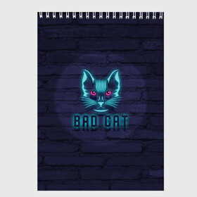 Скетчбук с принтом Bad cat в Санкт-Петербурге, 100% бумага
 | 48 листов, плотность листов — 100 г/м2, плотность картонной обложки — 250 г/м2. Листы скреплены сверху удобной пружинной спиралью | Тематика изображения на принте: neon | neon cat | кирпич | неон | неоновый кот | стена | тренд