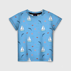 Детская футболка 3D с принтом Море, дельфины, парусник в Санкт-Петербурге, 100% гипоаллергенный полиэфир | прямой крой, круглый вырез горловины, длина до линии бедер, чуть спущенное плечо, ткань немного тянется | boat | dolphins | lifebuoy | marine | ocean | sea | southern | starfish | summer | vacation | waves | волны | корабль | лето | лодка | морская звезда | морской | обитатели | океан | отдых | пейзаж | плавание | пляж | синий | спасательный круг | 