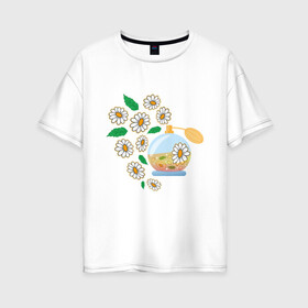 Женская футболка хлопок Oversize с принтом Духи с ромашкой в Санкт-Петербурге, 100% хлопок | свободный крой, круглый ворот, спущенный рукав, длина до линии бедер
 | aroma | chamomile | flower | perfume | аромат | духи | парфюм | ромашка | цветок