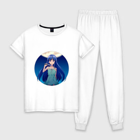 Женская пижама хлопок с принтом Rika Furude в Санкт-Петербурге, 100% хлопок | брюки и футболка прямого кроя, без карманов, на брюках мягкая резинка на поясе и по низу штанин | аниме | девушка | луна | нож | платье | синие волосы
