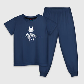 Детская пижама хлопок с принтом Stray Game 2021 Logo в Санкт-Петербурге, 100% хлопок |  брюки и футболка прямого кроя, без карманов, на брюках мягкая резинка на поясе и по низу штанин
 | Тематика изображения на принте: 2021 | cat | cyberpunk | game | stray | бродилка | бродить | бродячий | киберпанк | кот | стрей | стрэй