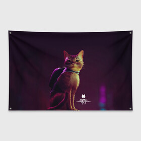 Флаг-баннер с принтом Stray Game 2021 в Санкт-Петербурге, 100% полиэстер | размер 67 х 109 см, плотность ткани — 95 г/м2; по краям флага есть четыре люверса для крепления | 2021 | cat | cyberpunk | game | stray | бродилка | бродить | бродячий | киберпанк | кот | стрей | стрэй