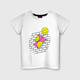 Детская футболка хлопок с принтом ШАРИКИ В СТЕНЕ / РЕТРО в Санкт-Петербурге, 100% хлопок | круглый вырез горловины, полуприлегающий силуэт, длина до линии бедер | smile. | иллюзия | кирпич | классический | ретро | смайл | смайлик | стена | шарики