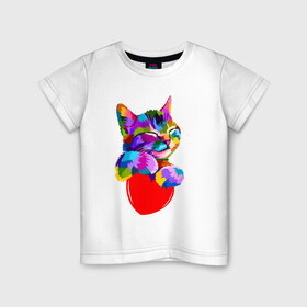 Детская футболка хлопок с принтом РАДУЖНЫЙ КОТИК / RAINBOW KITTY в Санкт-Петербурге, 100% хлопок | круглый вырез горловины, полуприлегающий силуэт, длина до линии бедер | heart | kitty | like | low poly | rainbow | животные | звери | котик | лайк | радуга | радужный котик | сердечко | цветные