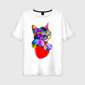 Женская футболка хлопок Oversize с принтом РАДУЖНЫЙ КОТИК / RAINBOW KITTY в Санкт-Петербурге, 100% хлопок | свободный крой, круглый ворот, спущенный рукав, длина до линии бедер
 | Тематика изображения на принте: heart | kitty | like | low poly | rainbow | животные | звери | котик | лайк | радуга | радужный котик | сердечко | цветные