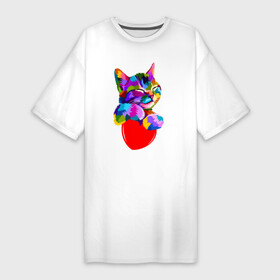 Платье-футболка хлопок с принтом РАДУЖНЫЙ КОТИК  RAINBOW KITTY в Санкт-Петербурге,  |  | heart | kitty | like | low poly | rainbow | животные | звери | котик | лайк | радуга | радужный котик | сердечко | цветные